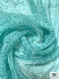 Intricate Floral Printed Crinkled Silk Chiffon - Turquoise / Aqua