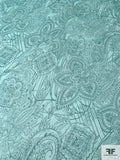 Intricate Floral Printed Crinkled Silk Chiffon - Turquoise / Aqua