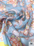 Floral Printed Crinkled Silk Chiffon Panel - Sky Blue / White / Red / Lime