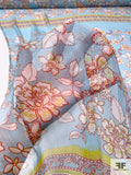 Floral Printed Crinkled Silk Chiffon Panel - Sky Blue / White / Red / Lime