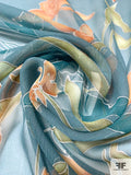 Exotic Floral Printed Crinkled Silk Chiffon - Teal / Burnt Orange / Olive / Off-White