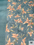 Exotic Floral Printed Crinkled Silk Chiffon - Teal / Burnt Orange / Olive / Off-White