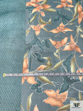 Exotic Floral Printed Crinkled Silk Chiffon - Teal / Burnt Orange / Olive / Off-White