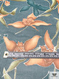 Exotic Floral Printed Crinkled Silk Chiffon - Teal / Burnt Orange / Olive / Off-White