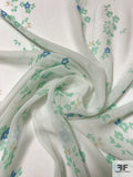 Trailing Delicate Floral Printed Crinkled Silk Chiffon - Seafoam Green / Blue / Off-White