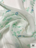 Trailing Delicate Floral Printed Crinkled Silk Chiffon - Seafoam Green / Blue / Off-White