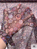 Floral Discs Printed Crinkled Silk Chiffon - Brown / Maroon / Mauve / Indigo