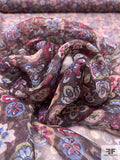 Floral Discs Printed Crinkled Silk Chiffon - Brown / Maroon / Mauve / Indigo