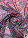 Mediterranean Paisley Printed Silk Chiffon Panel - Teal / Magenta / Eggplant / Violet