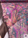 Mediterranean Paisley Printed Silk Chiffon Panel - Teal / Magenta / Eggplant / Violet