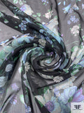 Floral Bouquet Printed Slightly Crinkled Silk Chiffon - Shades of Blue / Black / Green