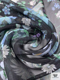 Floral Bouquet Printed Slightly Crinkled Silk Chiffon - Shades of Blue / Black / Green