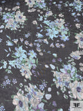 Floral Bouquet Printed Slightly Crinkled Silk Chiffon - Shades of Blue / Black / Green