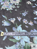 Floral Bouquet Printed Slightly Crinkled Silk Chiffon - Shades of Blue / Black / Green