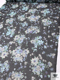 Floral Bouquet Printed Slightly Crinkled Silk Chiffon - Shades of Blue / Black / Green