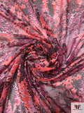 Floral in the Woods Printed Iridescent Silk Chiffon - Hot Coral / Boysenberry / Black / Lilac