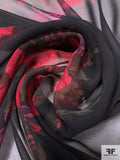 Vintage Betsey Johnson Romantic Floral Printed Silk Chiffon - Scarlet Red / Army Green / Black