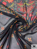 Exotic Printed Silk Chiffon Panel - Red / Teal / Yellow / Green / Black