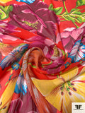 Vibrant Tropical Floral Printed Silk Chiffon - Red / Multicolor