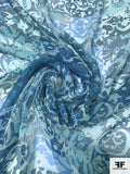 Ornate Collage Printed Slightly Crinkled Silk Chiffon - Teal / Aqua / Blue