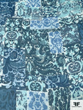 Ornate Collage Printed Slightly Crinkled Silk Chiffon - Teal / Aqua / Blue