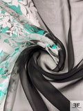 Floral Border Pattern Printed Silk Chiffon - Seafoam Green / Off-White / Black