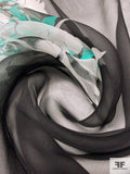 Floral Border Pattern Printed Silk Chiffon - Seafoam Green / Off-White / Black