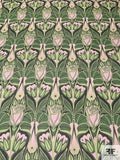 Tropical Art Deco Silk Chiffon - Shades of Green / Light Pink / Black