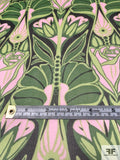 Tropical Art Deco Silk Chiffon - Shades of Green / Light Pink / Black