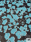 Floral Silhouette Printed Silk Chiffon - Turquoise / Black / White