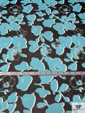 Floral Silhouette Printed Silk Chiffon - Turquoise / Black / White