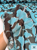 Floral Silhouette Printed Silk Chiffon - Turquoise / Black / White