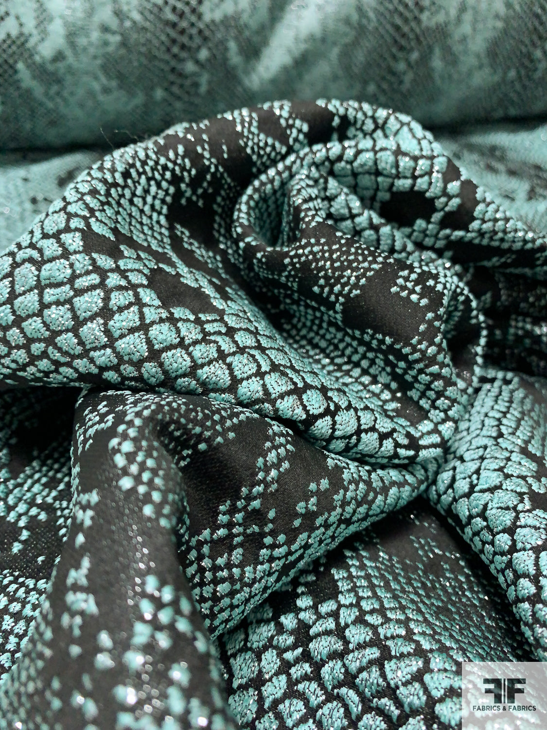 Snakeskin Pattern Metallic Brocade - Mint / Black / Silver