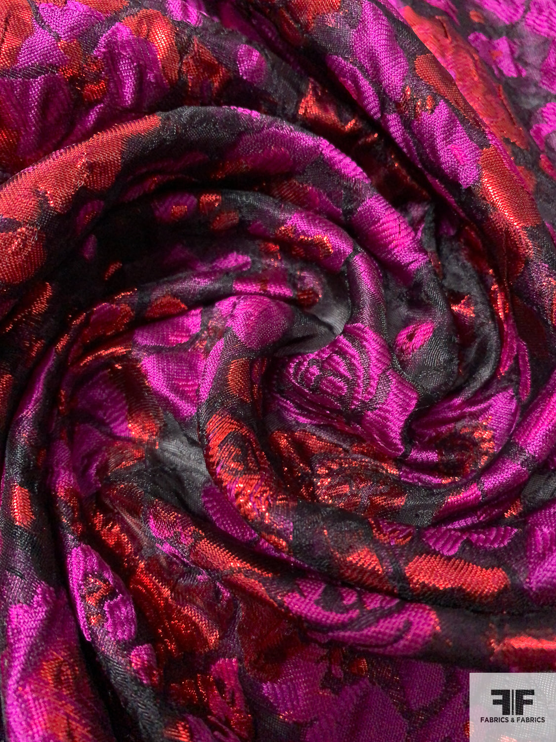 Floral Textured Cloqué Polyester Organza with Metallic - Magenta / Metallic Red / Black