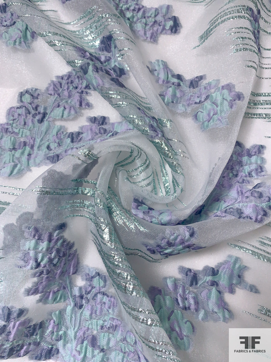 Regal Floral Textured Cloqué Polyester Organza with Metallic - Light Purple / Light Seafoam / Shimmery White
