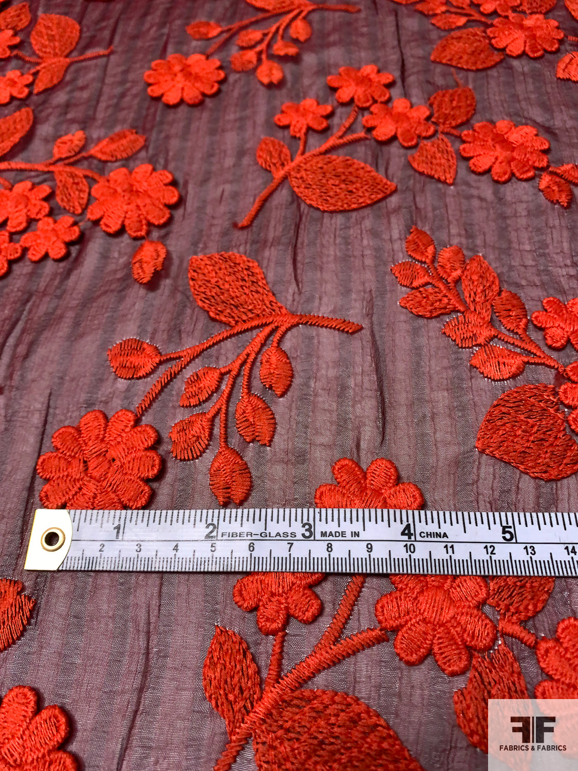 Floral Embroidery and Appliqué on Striped Polyester Chiffon - Red / Maroon / Burgundy
