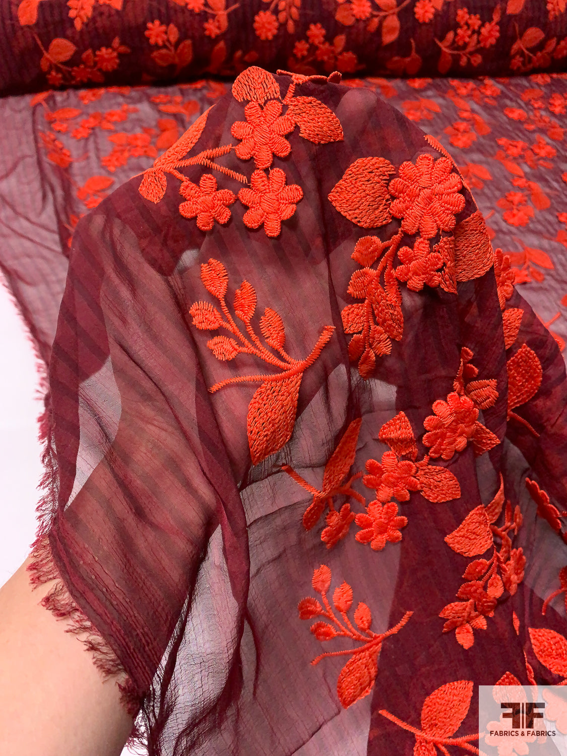 Floral Embroidery and Appliqué on Striped Polyester Chiffon - Red / Maroon / Burgundy