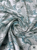 Famous NYC Designer Leaf Pattern Brocade - Icy Light Grey / Dusty Turquoise