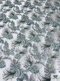 Famous NYC Designer Leaf Pattern Brocade - Icy Light Grey / Dusty Turquoise