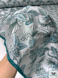 Famous NYC Designer Leaf Pattern Brocade - Icy Light Grey / Dusty Turquoise