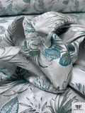 Famous NYC Designer Leaf Pattern Brocade - Icy Light Grey / Dusty Turquoise