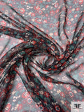 Ditsy Leaf and Floral Printed Silk Chiffon - Navy / Red / Teal / Beige