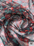 Ditsy Leaf and Floral Printed Silk Chiffon - Navy / Red / Teal / Beige