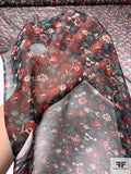 Ditsy Leaf and Floral Printed Silk Chiffon - Navy / Red / Teal / Beige