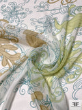 Exotic Leaf Printed Crinkled Silk Chiffon - Pastel Lime / Tan / Teal / Off-White