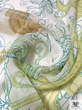 Exotic Leaf Printed Crinkled Silk Chiffon - Pastel Lime / Tan / Teal / Off-White