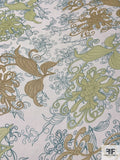 Exotic Leaf Printed Crinkled Silk Chiffon - Pastel Lime / Tan / Teal / Off-White