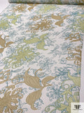 Exotic Leaf Printed Crinkled Silk Chiffon - Pastel Lime / Tan / Teal / Off-White