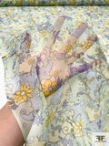 Floral Graphic Printed Silk Chiffon - Pastel Limes / Sky Blue / Periwinkle / Yellow