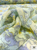 Floral Graphic Printed Silk Chiffon - Pastel Limes / Sky Blue / Periwinkle / Yellow